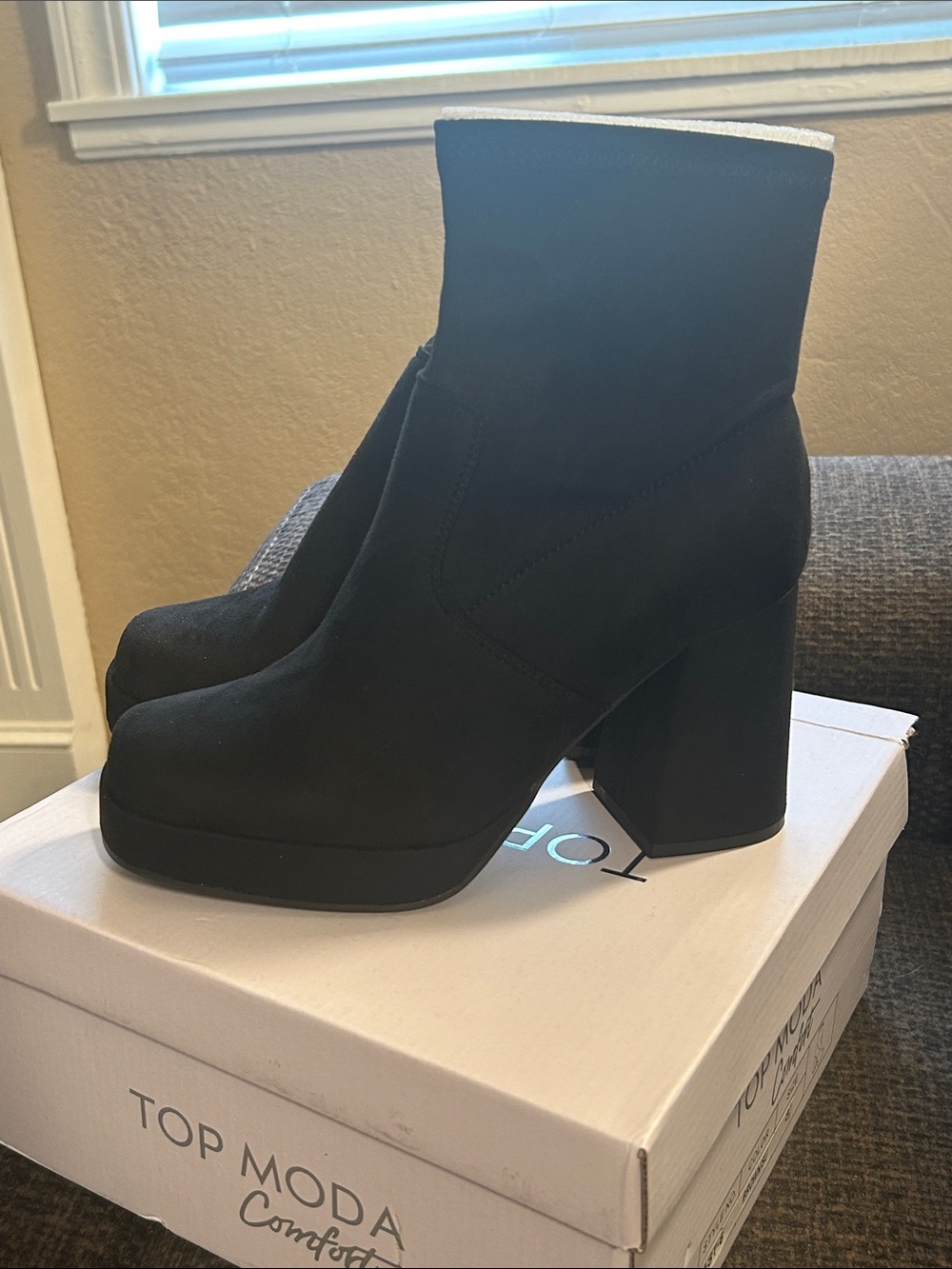 TOP Moda Black Suede-Look Platform Block Heel Ankle Boots 🆕